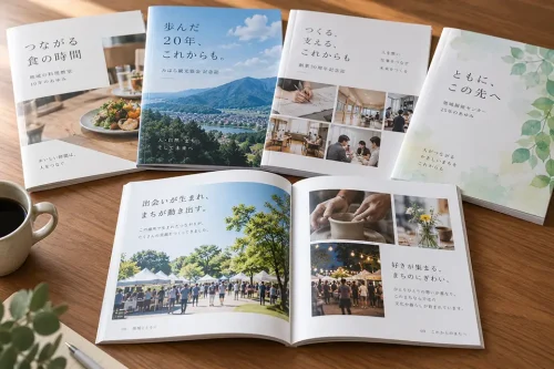 無線綴じで製本した文集・記念誌の実例。表紙4冊と見開き1冊
