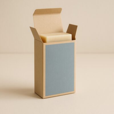 ふたを開けたキャラメル箱に石けんを入れた例